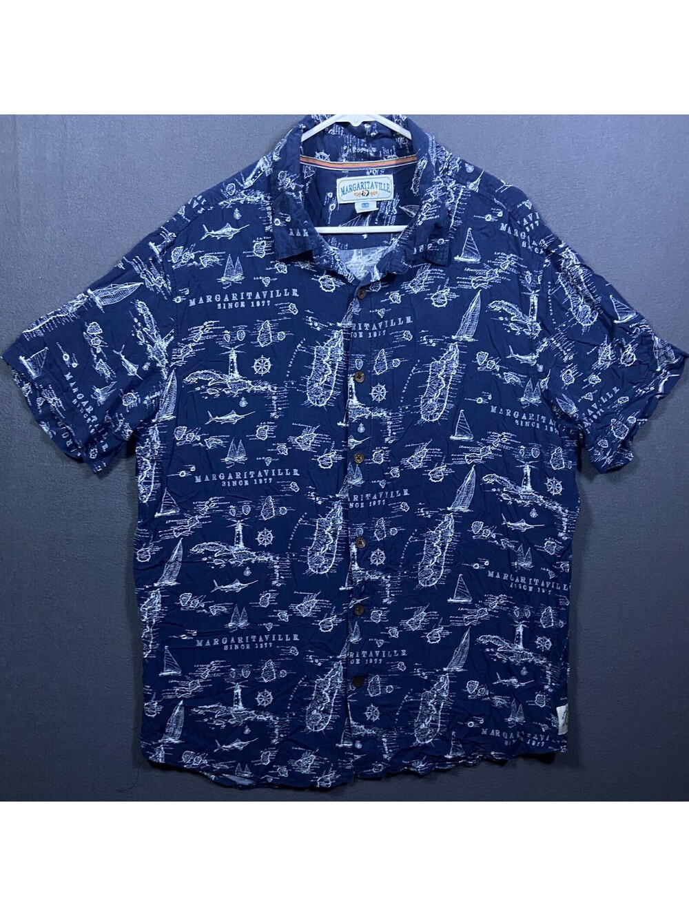 Margaritaville Shirt Men XL SS Hawaiian Navy Sailing Map Beach Camp Resortwear